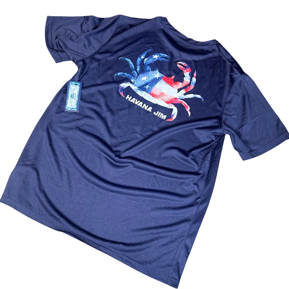 Havana Jim T-Shirt NWT Mens Medium Navy Blue Patriotic American Flag Crab Tee